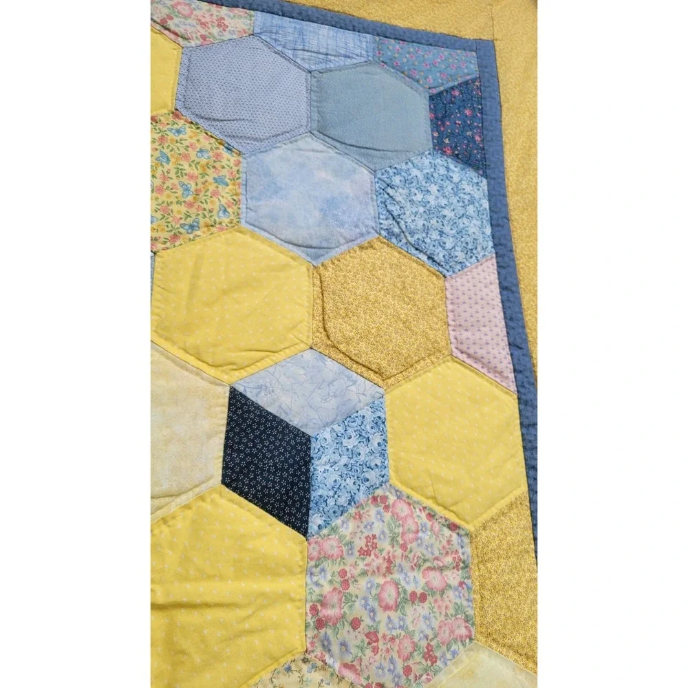 Vintage Baby Crib Quilt 40x56 Yellow Blue Patchwork Tumbling Blocks